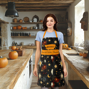 Black Halloween Apron with Ghosts, Stars, Sun Moon