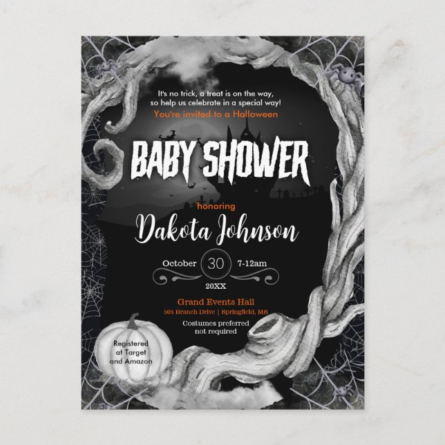 Black Halloween Baby Shower Invitation w/ Registry Postcard (Front)