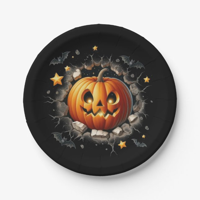 Black Halloween Background with Orange Pumpkin Paper Plates (Front)