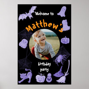 Black Halloween Birthday party welcome poster