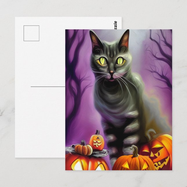 Black Halloween Cat and Carved Pumpkins  Postcard (Front/Back)
