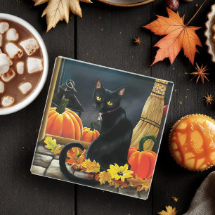 Black Halloween Cat Glass Coaster