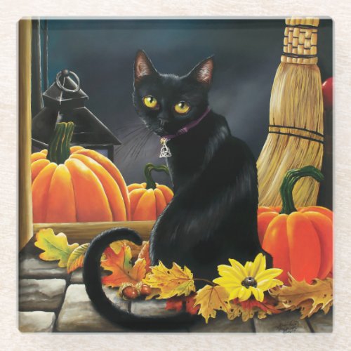 Black Halloween Cat Glass Coaster