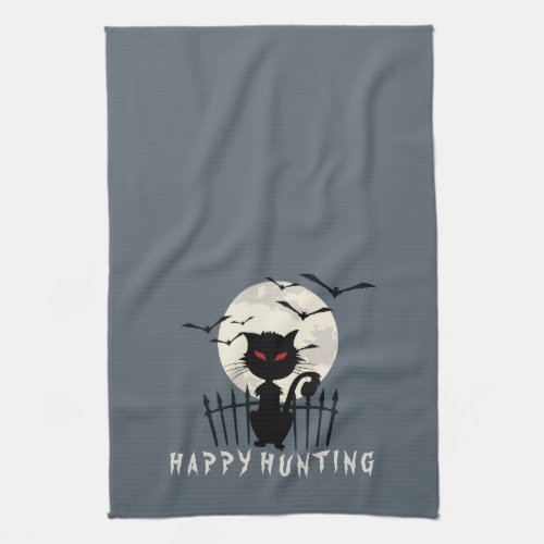 Black Halloween Cat Happy Hunting Towel