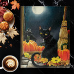 Black Halloween Cat Jigsaw Puzzle<br><div class="desc">A black cat sits in a doorway with pumpkins,  lantern,  broomstick,  autumn leaves and a full harvest moon in behind.</div>