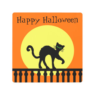 Black Halloween Cat on Fence Full Moon Orange Metal Print