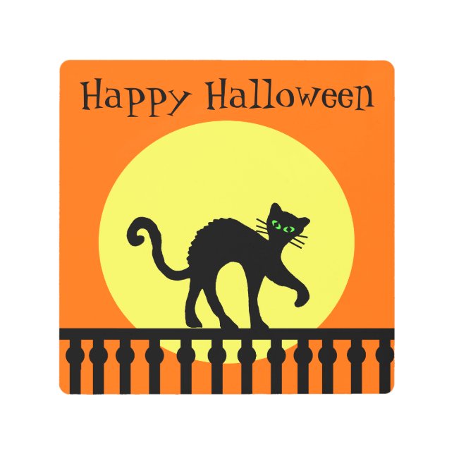 Black Halloween Cat on Fence Full Moon Orange Metal Print (Front)