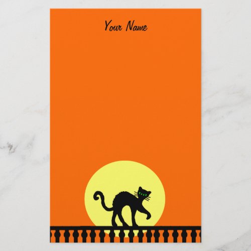 Black Halloween Cat on Fence Yellow Moon Orange Stationery