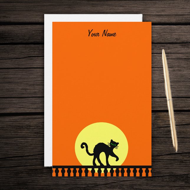 Black Halloween Cat on Fence Yellow Moon Orange Stationery (black spooky cat green eyes on fence yellow moon on orange stationery paper pad for Halloween.)