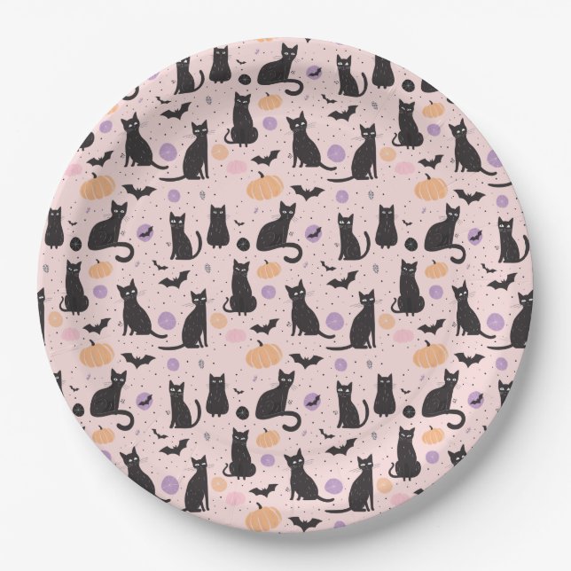 Black Halloween cat  Paper Plates (Front)