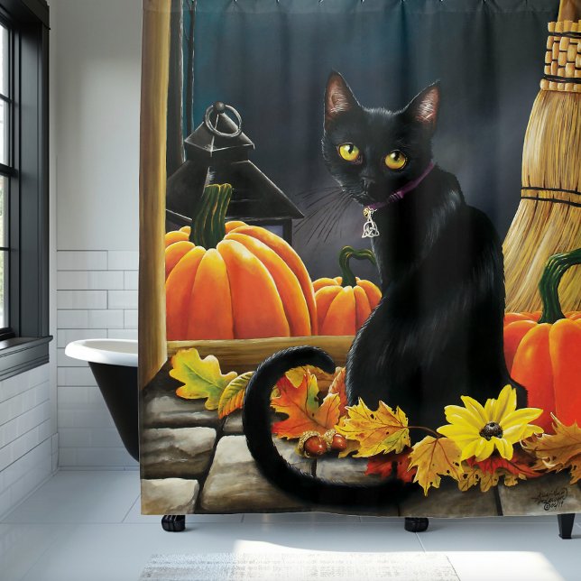 Black Halloween Cat Shower Curtain (Creator Uploaded)