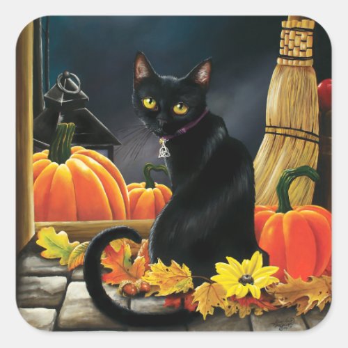 Black Halloween Cat Square Sticker