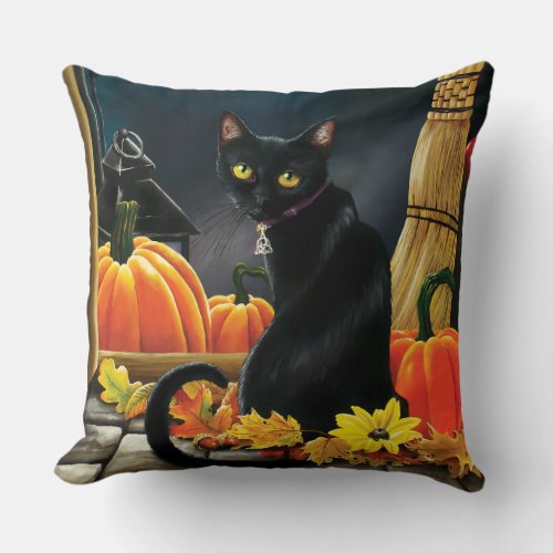 Black Halloween Cat Throw Pillow