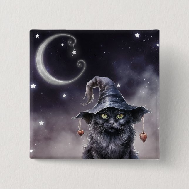 Black Halloween Cat Wearing a Witch Hat  Button (Front)