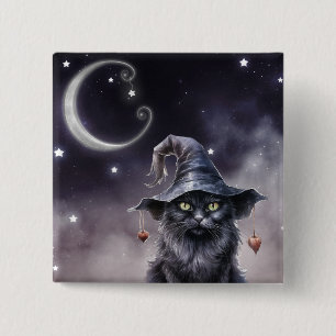 Black Halloween Cat Wearing a Witch Hat Button