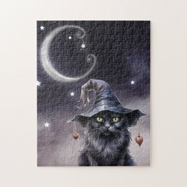 Black Halloween Cat Wearing a Witch Hat Jigsaw Puzzle (Vertical)