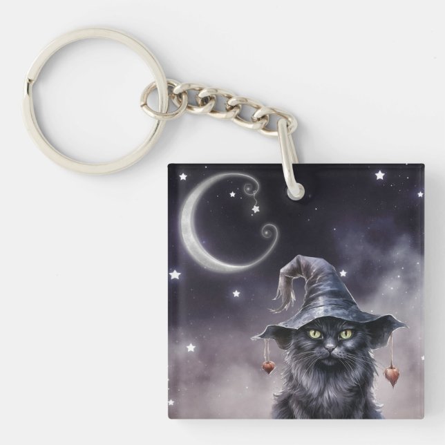 Black Halloween Cat Wearing a Witch Hat Keychain (Front)