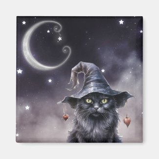 Black Halloween Cat Wearing a Witch Hat 