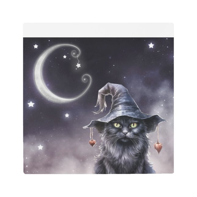 Black Halloween Cat Wearing a Witch Hat Metal Print (Front)