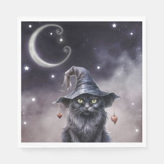 Black Halloween Cat Wearing a Witch Hat 