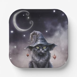 Black Halloween Cat Wearing a Witch Hat 