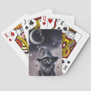 Black Halloween Cat Wearing a Witch Hat Poker Cards