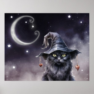 Black Halloween Cat Wearing a Witch Hat Poster
