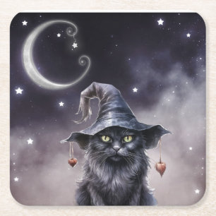 Black Halloween Cat Wearing a Witch Hat Square Paper Coaster