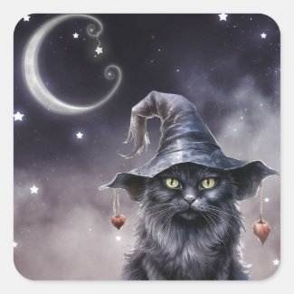 Black Halloween Cat Wearing a Witch Hat 