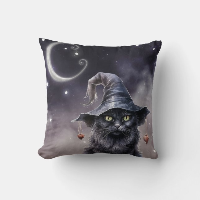 Black Halloween Cat Wearing a Witch Hat Throw Pillow (Front)