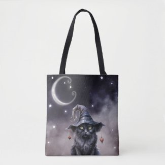 Black Halloween Cat Wearing a Witch Hat 