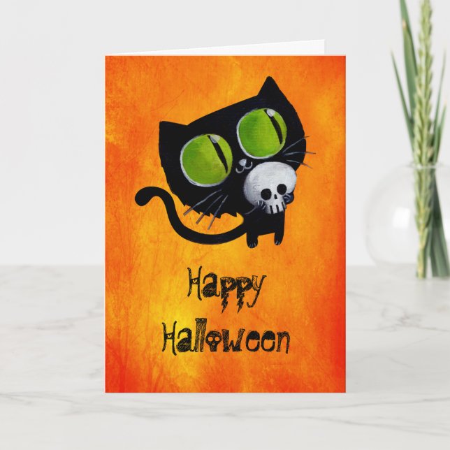 Black Halloween Cat with Skull Card (Front)