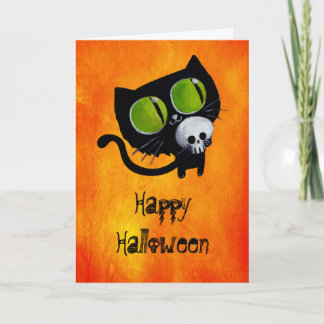 Black Halloween Cat with Skull Card