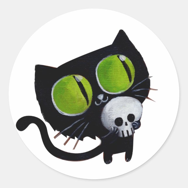 Black Halloween Cat with Skull Classic Round Sticker (Front)