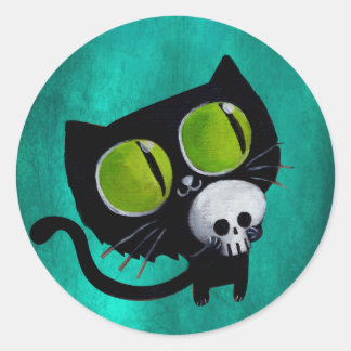 Black Halloween Cat with Skull Classic Round Sticker