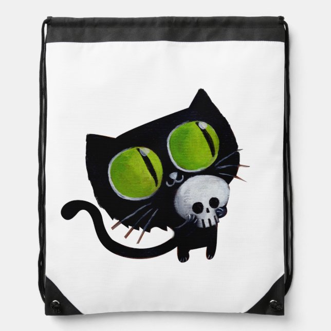 Black Halloween Cat with Skull Drawstring Bag (Front)