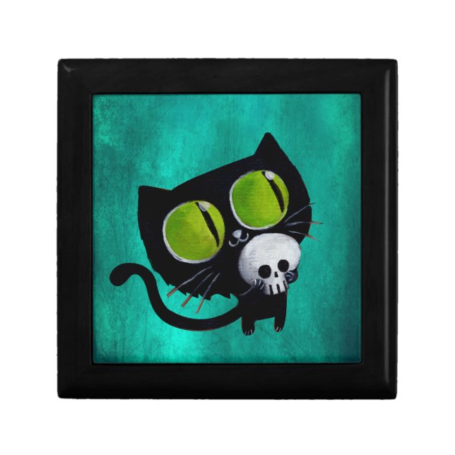Black Halloween Cat with Skull Keepsake Box (Front)
