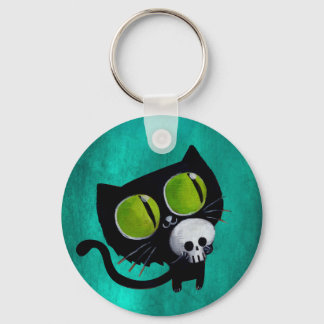 Black Halloween Cat with Skull Keychain