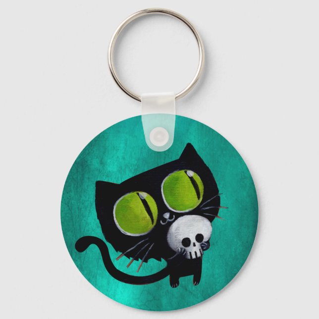 Black Halloween Cat with Skull Keychain (Front)