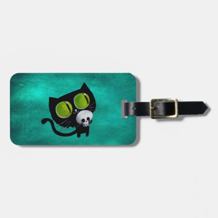 Black Halloween Cat With Skull Luggage Tag