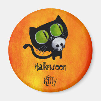 Black Halloween Cat with Skull Magnet