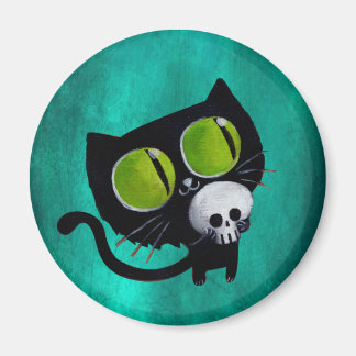 Black Halloween Cat with Skull Magnet