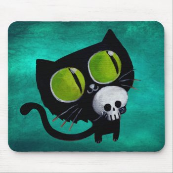 Black Halloween Cat With Skull Mouse Pad by colonelle at Zazzle