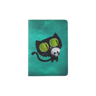 Black Halloween Cat with Skull Passport Holder