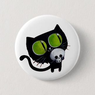 Black Halloween Cat with Skull Pinback Button