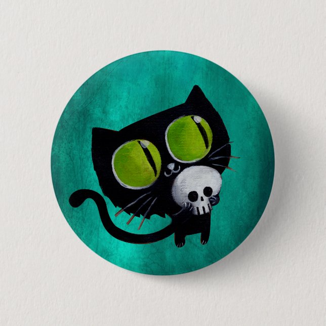 Black Halloween Cat with Skull Pinback Button (Front)