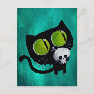Black Halloween Cat with Skull Postcard
