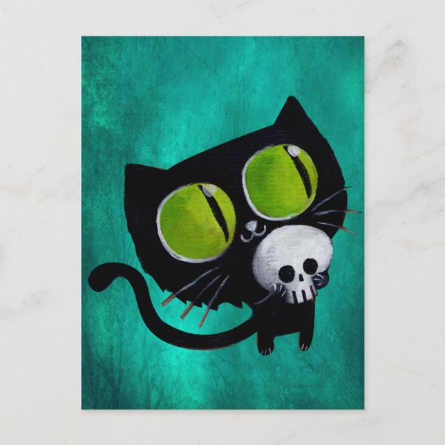 Black Halloween Cat with Skull Postcard (Front)