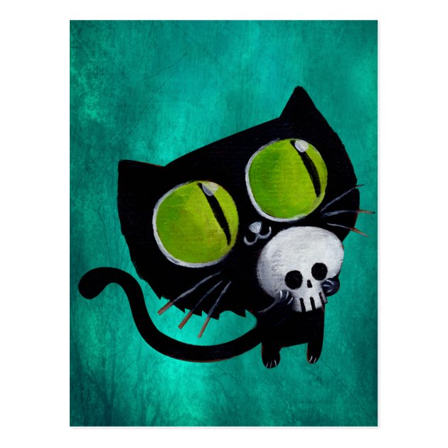Black Halloween Cat With Skull Postcard