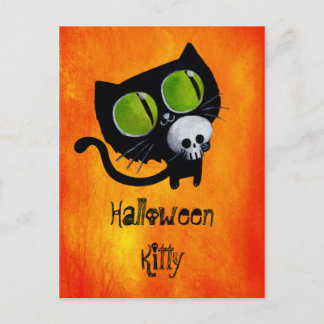 Black Halloween Cat with Skull Postcard